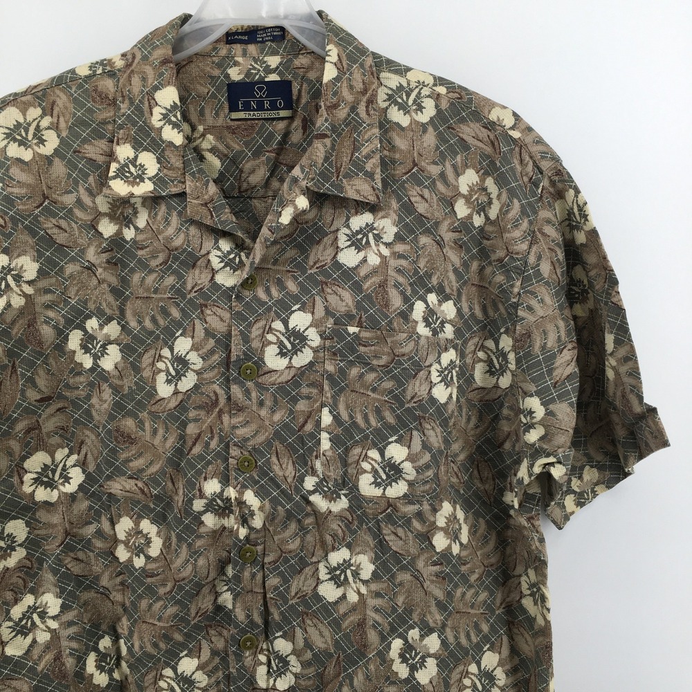Enro Traditions Shirt Mens XL Brown Floral Tropical Cotton Waffle Short Sleeve